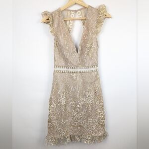 Hello Molly Champagne Mini Dress Womens Size 6 Sparkle Cream Gold Keyhole Back